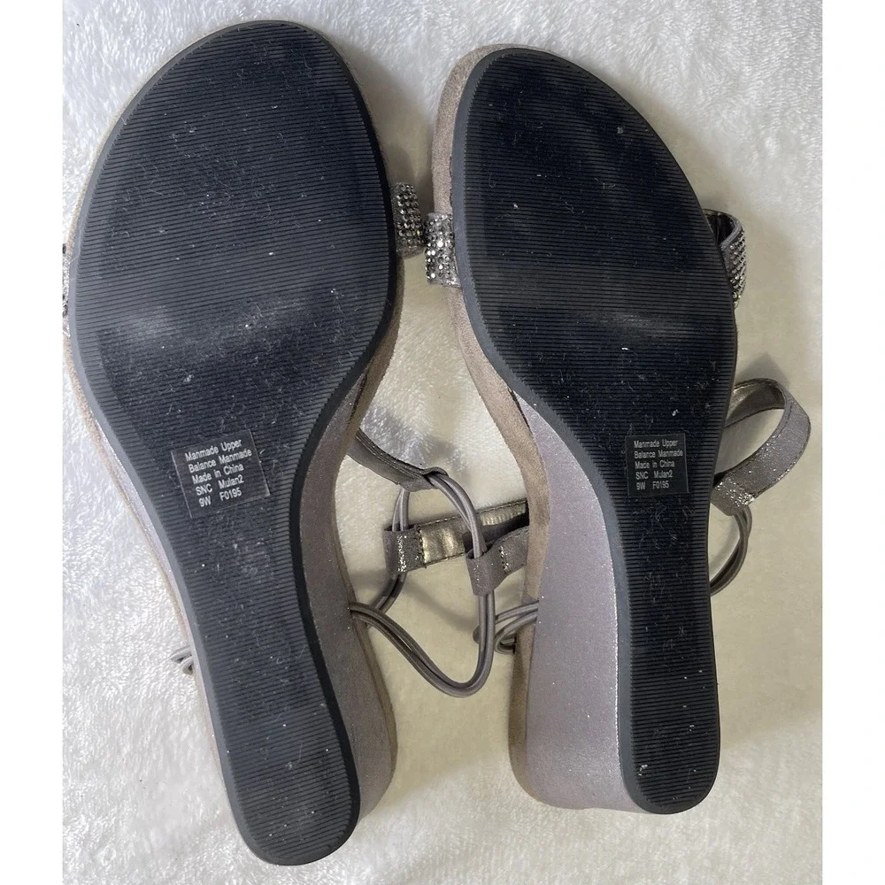 Style & Co Mulan 2 Embellished Evening Wedge Sandals Size 9W Silver Gray Sparkle